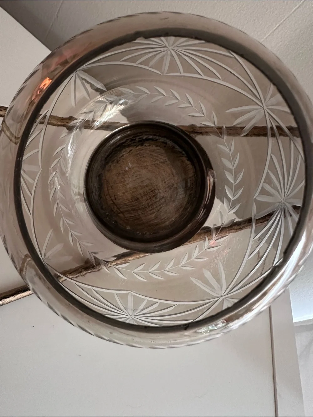 Etched Glass Globe With Distressed Brass Hoop Frame - Candle Holder or Planter
